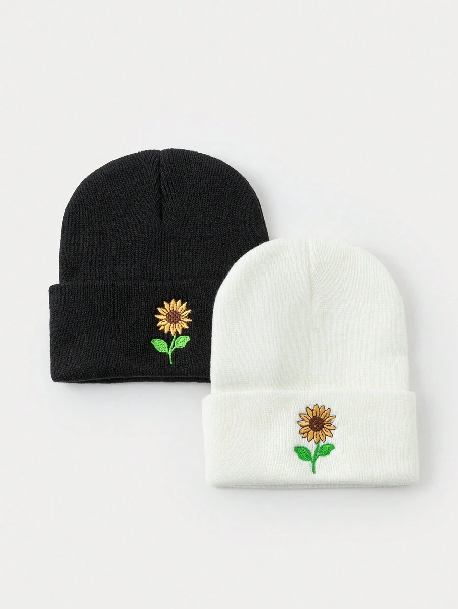 1 或 2 件女士向日葵刺绣针织帽，适合秋冬季、感恩节、教师节、休闲装 - A - 查看 1