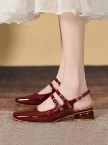 女士时尚百搭黑色多扣后跟玛丽珍高跟鞋，休闲厚底低跟平底鞋，简约纯色女士凉鞋，玛丽珍鞋 - 酒紅色 - 查看 2