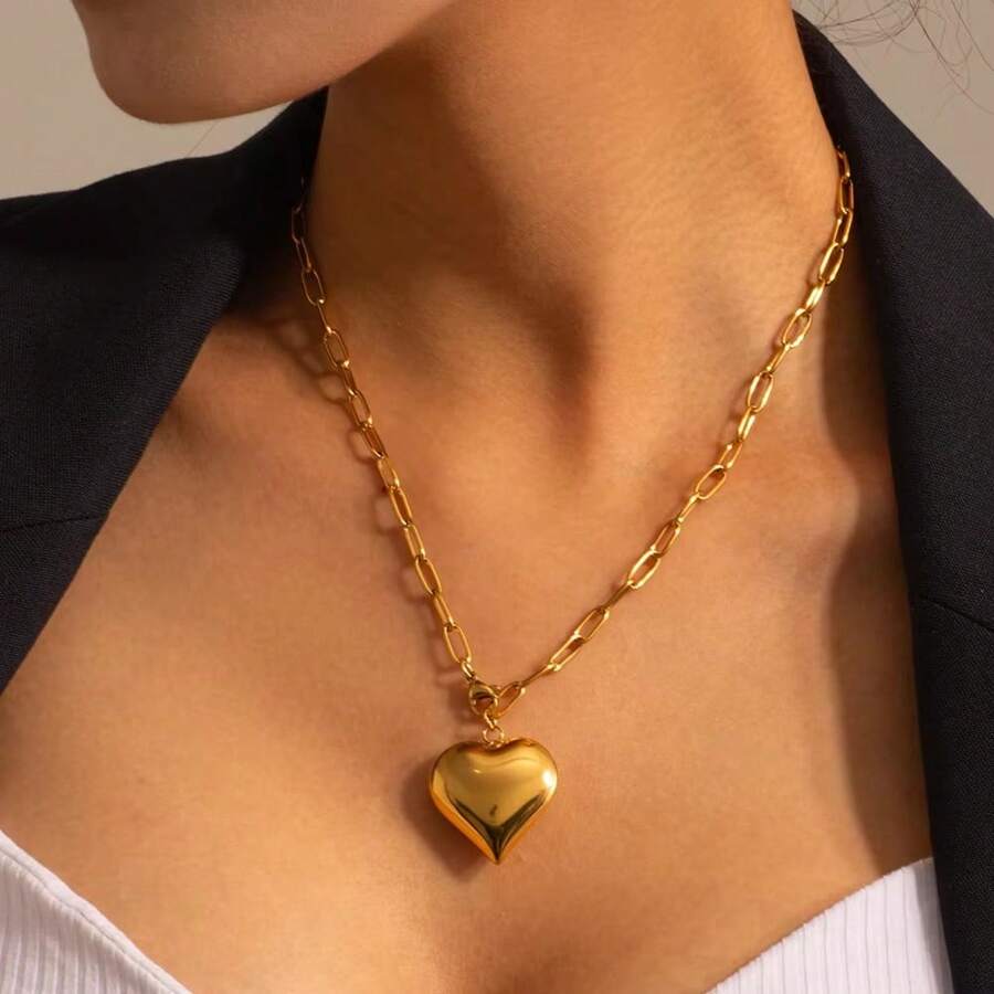 1 chiếc vòng cổ trái tim bằng thép không gỉ dành cho phụ nữ màu vàng/bạc kim loại hình trái tim choker vòng cổ mắt xích hình bầu dục - trái tim - Xem 1