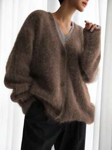 女士纯色落肩长袖单排扣休闲开衫，优雅迷人的仿毛皮毛衣，黑色/咖啡色