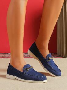 女士平底乐福鞋，2024 秋冬新款休闲柔软一脚蹬牛津鞋，工作鞋，加大码 41-43 - 寶藍色 - 查看 3