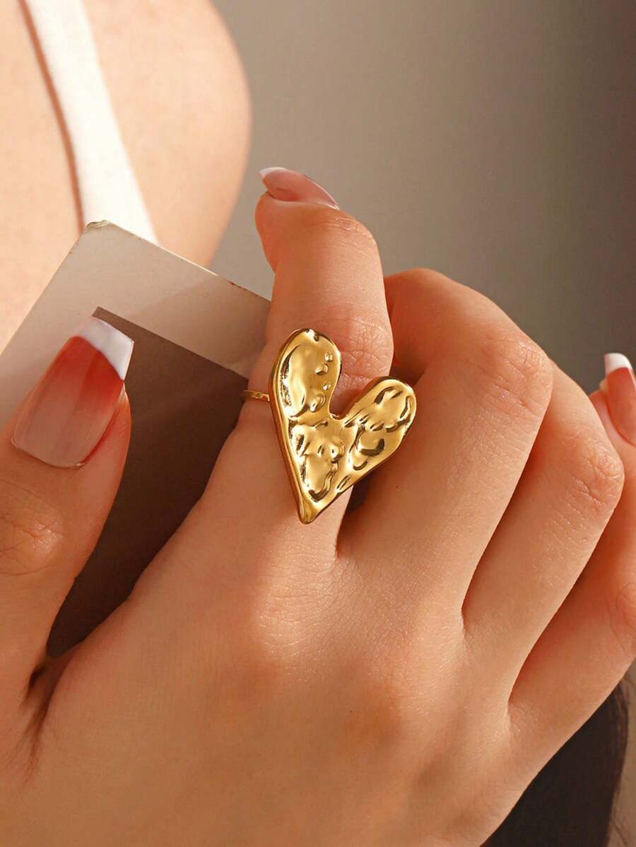 1 chiếc nhẫn vàng không gỉ mạ vàng 18K hình trái tim không đối xứng dày dành cho nữ, quà tặng - Vàng - Xem 1