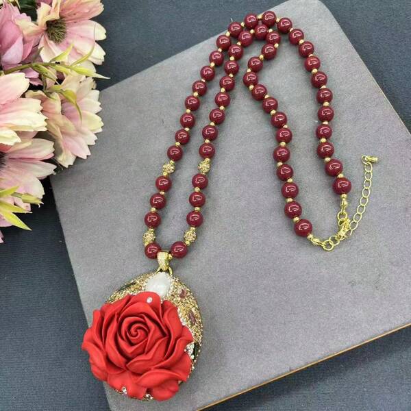 1pc Plus Size New Design Rose Flower Necklace With Baroque Pearl, Handmade, Original Design Jewelry, Suitable For Women