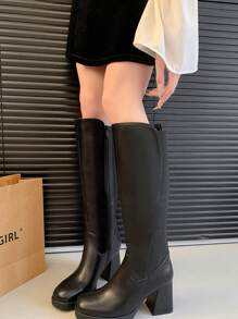Botas altas de mujer de estilo caballero para otoño e invierno 2025, de color negro, elegantes, con tacón cuadrado. Adecuadas para volver al colegio, el Día de San Valentín, citas, fiestas, compras y el trayecto al trabajo. - Negro - Ver 4