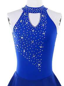 女式花样滑冰比赛海军蓝无袖水钻网眼水钻时尚滑冰服 - 寶藍色 - 查看 5