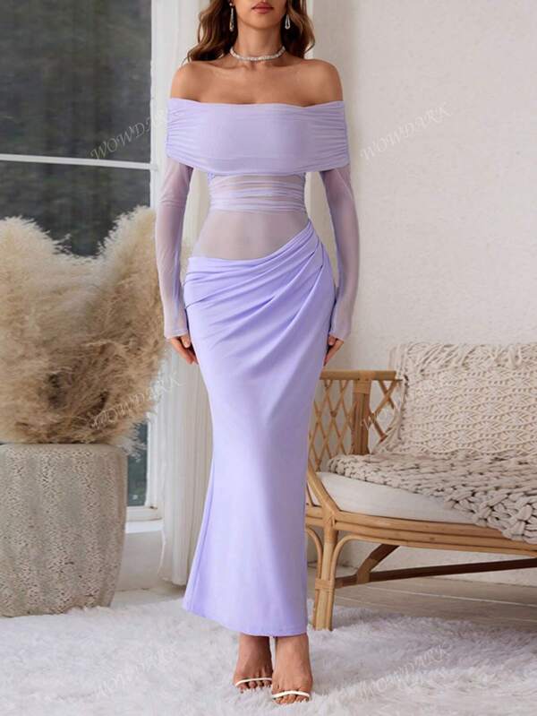 WOWDARK Women's Solid Color Off Shoulder Mesh Hollow-Out Long Sexy Bodycon Dress, Autumn