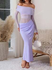 WOWDARK Women's Solid Color Off Shoulder Mesh Hollow-Out Long Sexy Bodycon Dress, Autumn