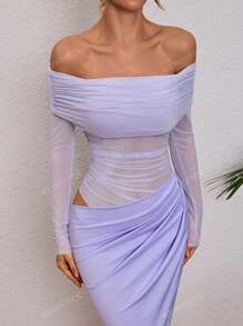 WOWDARK Women's Solid Color Off Shoulder Mesh Hollow-Out Long Sexy Bodycon Dress, Autumn
