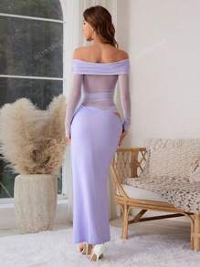 WOWDARK Women's Solid Color Off Shoulder Mesh Hollow-Out Long Sexy Bodycon Dress, Autumn