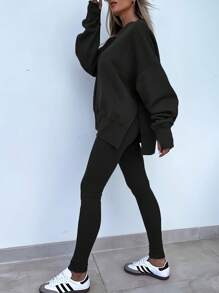 Women's Solid Color Long Sleeved Hooded Sweatshirt And Leggings Set - Casual Outdoor Yoga Fitness Two-Piece Set - màu đen - Xem 4