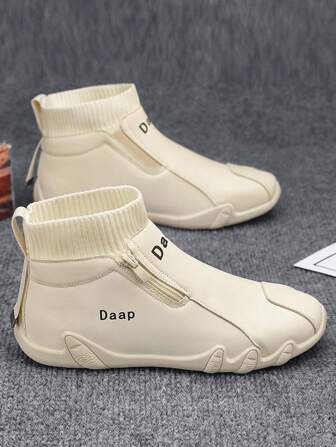 大码男士休闲运动鞋，新设计侧拉链无系带，舒适平底一脚蹬 PU 皮革鞋面，防水、耐磨、字母印花，适合年轻男士的百搭休闲鞋，时尚户外街头运动鞋，适合派对、工作、劳动保护