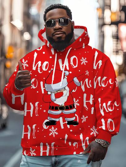 Plus Size Men's Christmas Santa Claus Graphic Print Hoodie Sweatshirt With Kangaroo Pocket, Casual Long Sleeve Hooded Pullover, Suitable For Outdoor