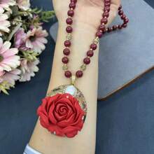 1pc Plus Size New Design Rose Flower Necklace With Baroque Pearl, Handmade, Original Design Jewelry, Suitable For Women
