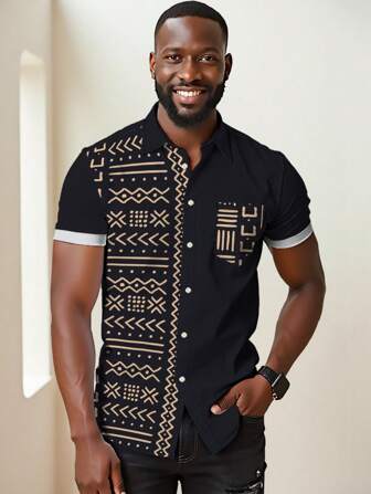 Afrikanskt tryck herrskjorta med knäppning, ledig semester utomhus Afrikansk Udan Rose Star Moon Palace Lyktmönster 3D digitaltryck Lapel Holiday Casual kortärmad skjorta