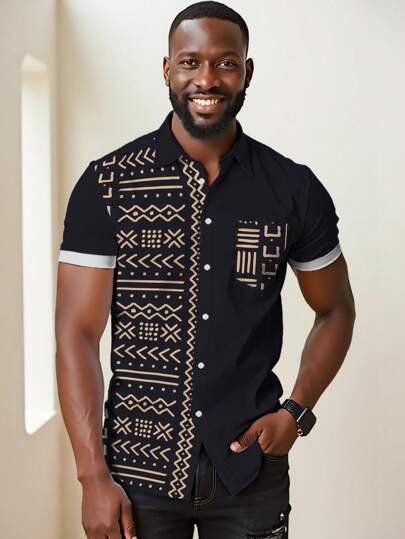 Men's African Print Button-Up Shirt, Casual Vacation Outdoor African Udan Rose Star Moon Palace Lantern Pattern 3D Digital Print Lapel Holiday Casual Short Sleeve Shirt