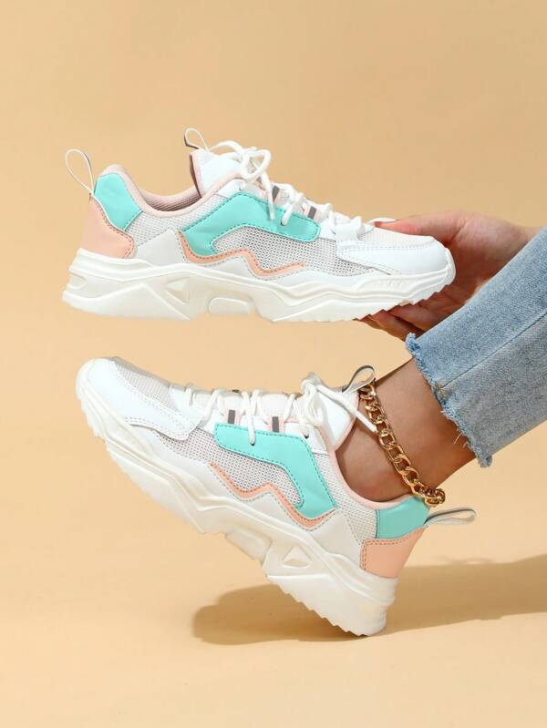 Colorful Women Sneakers - Versatile, Dirt-Resistant, Casual, Unique Lace-Up, Platform, Chunky Sneakers Suitable For Holidays, Gatherings Carnival