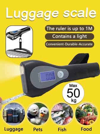 1 件多功能行李秤，迷你手持秤，电子秤，手提箱秤，登机秤，易于阅读的 LCD 显示屏，黑色耐用材料，多单位转换，配有卷尺和手电筒方便的送货秤 LCD 数字挂秤适用于日常购物、旅行包行李等。[新年促销]
