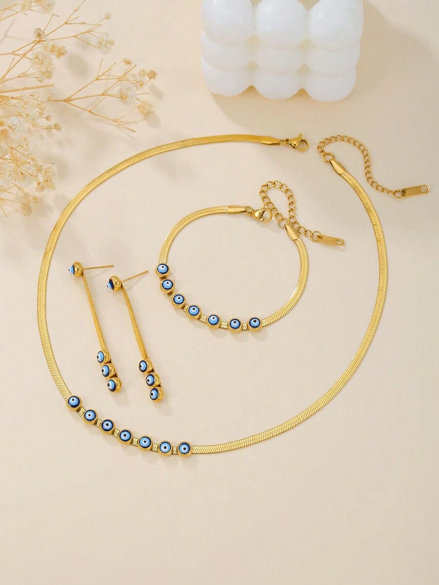 Bộ 4 món/Bộ trang sức dây chuyền mắt quỷ bằng thép không gỉ dạng rắn dẹt, thích hợp cho tiệc tùng, dạ hội và đeo hàng ngày của phụ nữ - Nhiều màu - Xem 1