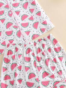 2pcs Casual Cartoon Print Short Sleeve Women Pajamas, Collared Button Short Sleeve Top And Loose Comfortable Shorts, Elegant Ladies Sleepwear And Loungewear,Two Pieces Set