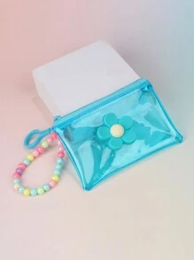 1pc Fashionable Transparent PVC Coin Purse With Floral Beaded Chain - Girl's Portable Key And Travel Wallet (Bead Color Random)