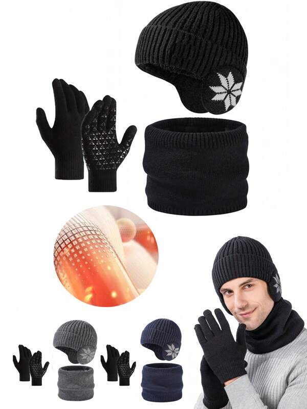 Set de 4 piezas de gorro de invierno, bufanda y guantes con pantalla táctil, conjunto de regalo de gorro de lana tejida, bufanda y guantes cálidos de invierno para hombres y mujeres