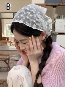 1 件女孩法式蕾丝三角围巾，带花卉图案，白色复古装饰头带，乡村风格丝带海滩头带波西米亚风情人节头巾头巾发巾，头巾秋冬发带发饰，适合女士度假装扮 - 白色 - 查看 2