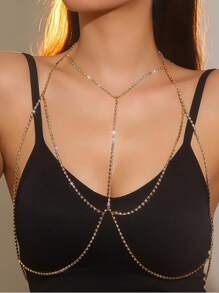 跨境畅销女士水钻长项链、性感内衣首饰、沙滩比基尼胸部首饰配饰 - 金色 - 查看 6