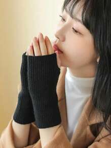 1 双女士纯色半指手套，冬季柔软保暖羊毛针织臂套，保暖书写手套 - 彩色 - 查看 2