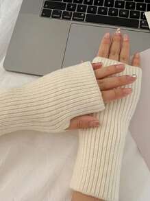 1 双女士纯色半指手套，冬季柔软保暖羊毛针织臂套，保暖书写手套 - 彩色 - 查看 8