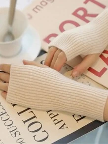 1 双女士纯色半指手套，冬季柔软保暖羊毛针织臂套，保暖书写手套 - 彩色 - 查看 5