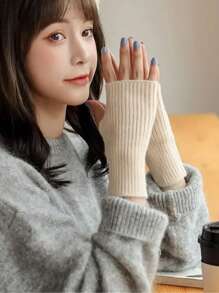 1 双女士纯色半指手套，冬季柔软保暖羊毛针织臂套，保暖书写手套 - 彩色 - 查看 6