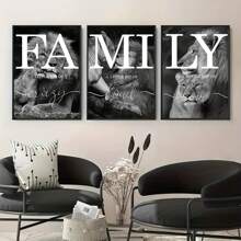 3pcs Unframed Three Elegant Lions Family Quotes: Stylish And Inspiring Black And White Canvas Art For Home And Gift Decoration Thanksgiving Decorations Modern Interior Home Decor, Living Room, Bedroom, Kitchen And Hallway Decorative Wall Art, Perfect Gift Idea For New Year, Dining Room Decorative Wall Art