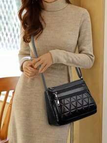 新款多功能中年女性手提包、妈妈包、婆婆包，柔软皮革质感单肩斜挎包 - 黑色 - 查看 9