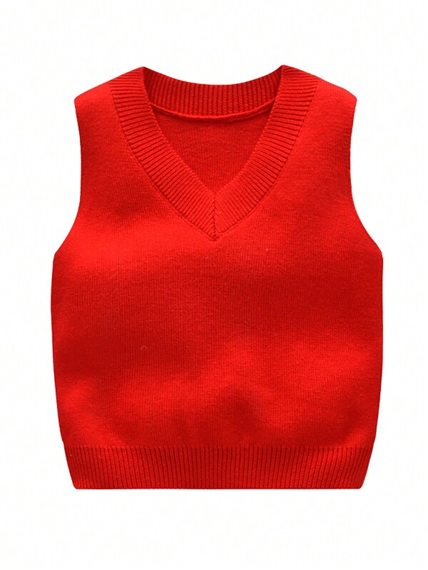 Boys And Baby Boys V-Neck Solid Color Sweater Vest, Suitable For School Wear Spring, Autumn And Winter Seasons