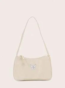 1 chiếc túi xách da PU trơn màu đơn giản và thời trang hình bướm bằng kim loại, túi đeo vai thời trang cho phụ nữ ngày lễ tình nhân - Màu be - Xem 1