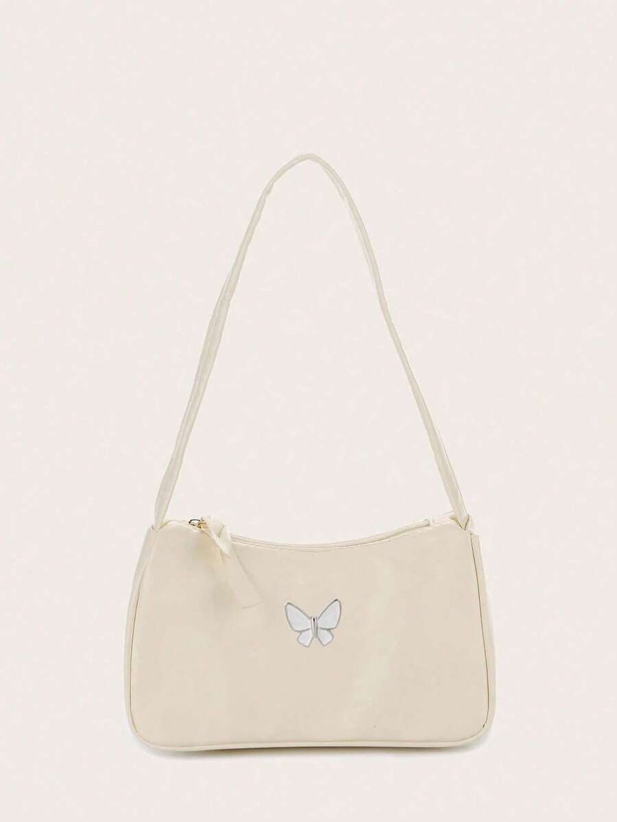 1 chiếc túi xách da PU trơn màu đơn giản và thời trang hình bướm bằng kim loại, túi đeo vai thời trang cho phụ nữ ngày lễ tình nhân - Màu be - Xem 1