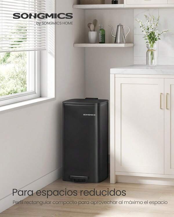 SONGMICS Cubo de Basura, Cubo de Basura de 30 L, Cubo de Basura de Cocina de Acero Inoxidable, con Cubo Interior, Cierre Suave y Permanece Abierto, Negro Tinta