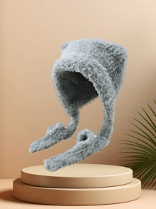 1 件毛绒可爱熊针织连帽衫，适合年轻女性，休闲卡通熊街头风格护耳冬帽，适合户外活动和派对