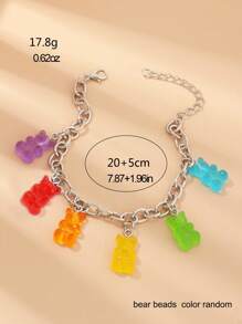 1pc Fashion Colorful Dopamine Bear Charm Bracelet, Random Color - Silver - View 4