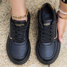 New Fashion Versatile Leather Lace-Up Lightweight Slip-On Shock Absorbing Non-Slip Casual Athletic Shoes, Suitable For Plus Size Cross-Border Women, Black Sneakers - Black - View 3