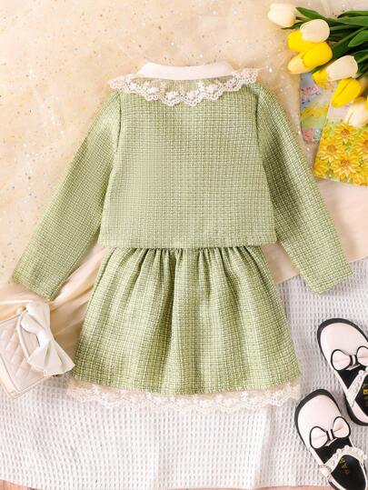 Bộ 2 áo khoác dài tay viền ren cổ Peter Pan thời trang cho bé gái và chân váy nơ, mùa xuân thu