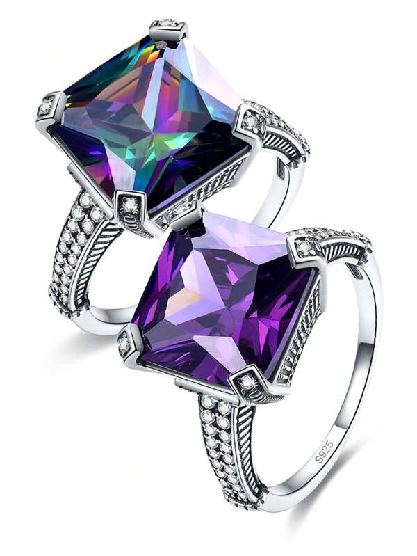 1 Anello da uomo in argento sterling 925 di moda semplice e vintage, con pietra taglio princess di 12*12mm, brillante, con confezione regalo, adatto per matrimonio, fidanzamento, Ringraziamento, San Valentino, anniversario e uso quotidiano