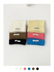 1 件纯色毛绒耳罩帽，女士秋冬旅行保暖百搭猫耳针织帽，柔软可爱头套帽，时尚冬季针织帽 - 彩色 - 查看 12