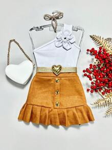 Roupa Infantil de menina Blusa Nula Manga flor e saia Suede modinha lançemento Look De Natal Mini Diva Luxo - Caramelo - Visão 1