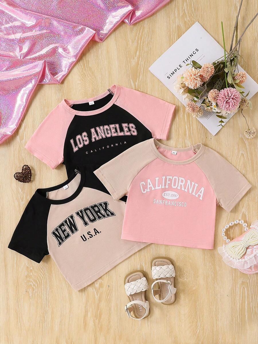 3 件装年轻女孩休闲口号印花短袖插肩圆领 T 恤，适合夏季、休闲、运动、户外、日常穿着、学校 - 彩色 - 查看 1