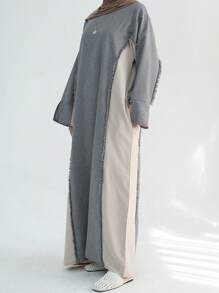 1 件磨损亚麻混纺封闭式长袍长袍，朴素的伊斯兰服装 - 灰色 - 查看 2