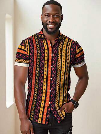 Men's African Print Button-Up Shirt, Casual Holiday Outdoor African Udan Rose Star Moon Palace Lantern Pattern 3D Digital Print Lapel Short Sleeve Casual Shirt