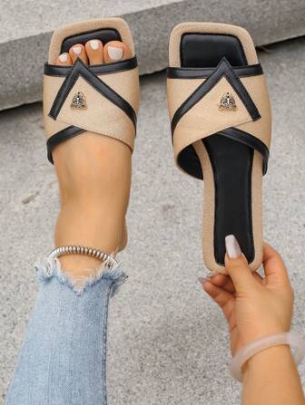 Jite Fit Women's Metal Decor Single Strap Sandals, Square Toe, Flat, Multipurpose, Beach Style