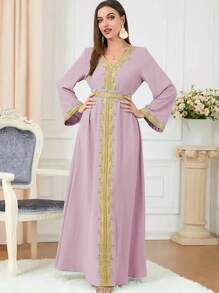 Women's Multi-Color Embroidery Applique V-Neck Long Sleeve Dress, Modest Kaftan - Baby Pink - View 1