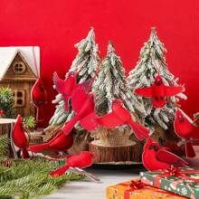 10 件栩栩如生的红雀鸟圣诞装饰品 - 人造圣诞树装饰，毛毡逼真的鸟，适用于家庭和节日装饰 - 彩色 - 查看 2